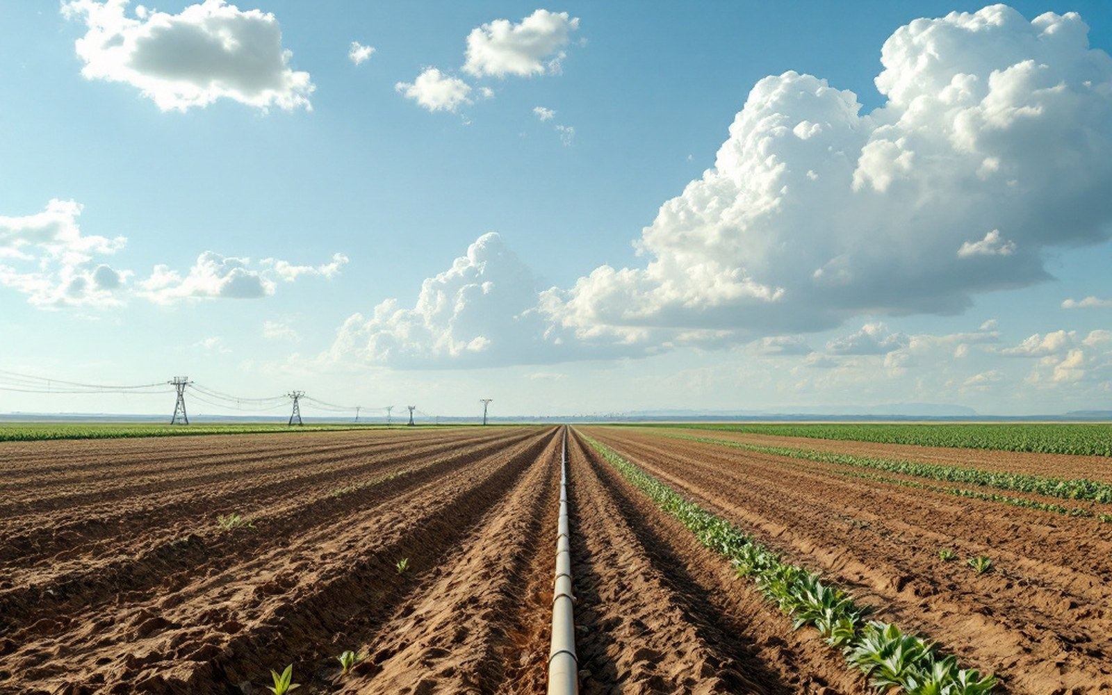 Flat cropland running to a level horizon under a huge sky, irrigation equipment in the middle distance